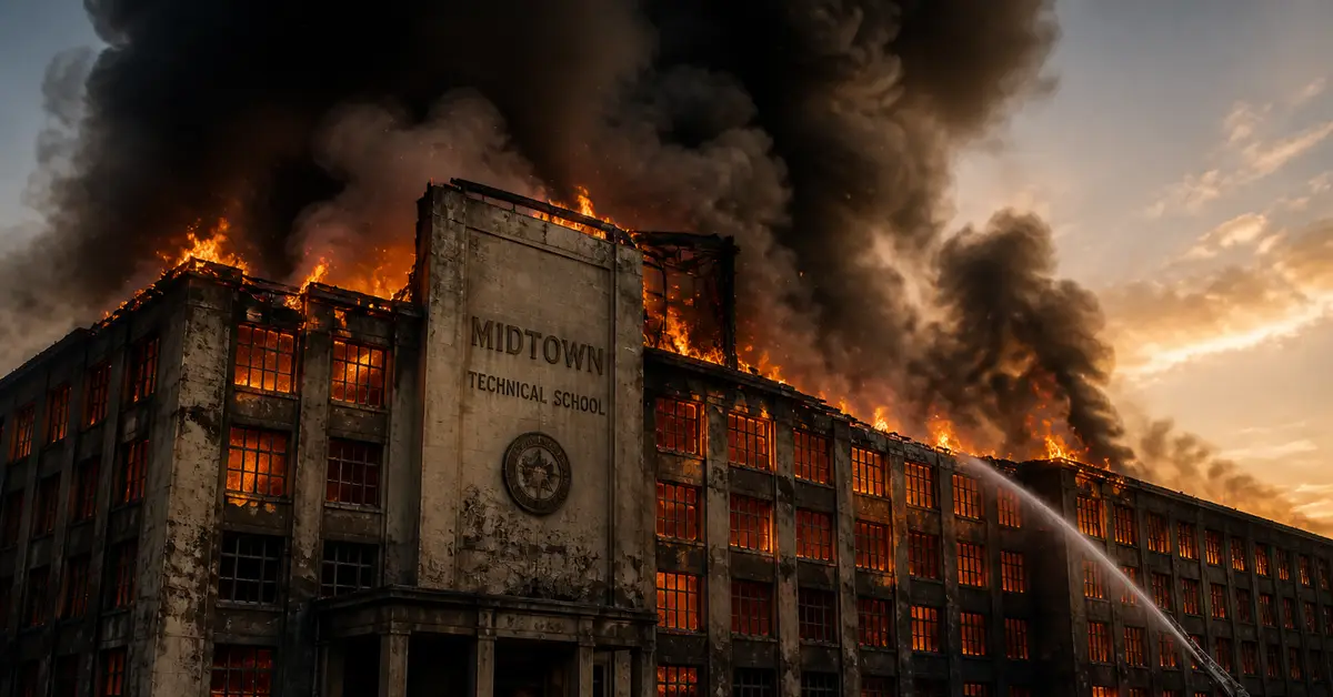 Снимка Copyright © 7kefa.com Сграда на Midtown Technical School, обхваната от пламъци и гъст черен дим при голям пожар.