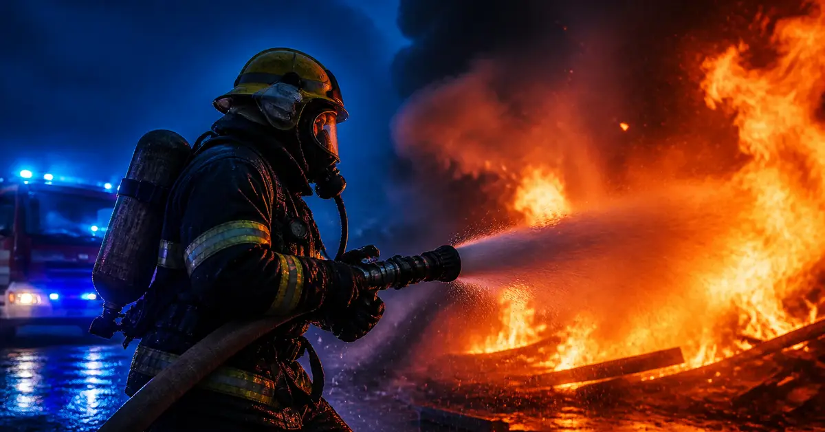 Снимка Copyright © 7kefa.com Пожарникар в пълна екипировка гаси голям пожар с водна струя през нощта.