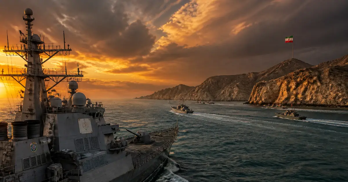 Снимка Copyright © 7kefa.com Военен кораб и патрулни катери в морето по залез край скалист бряг с ирански флаг.