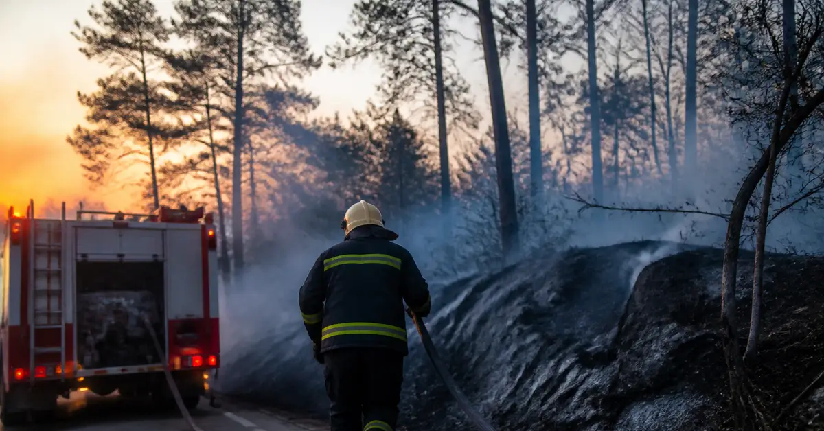 Снимка Copyright © 7kefa.com Пожарникар в пълна екипировка гаси огън с водна струя пред пожарна кола през нощта.