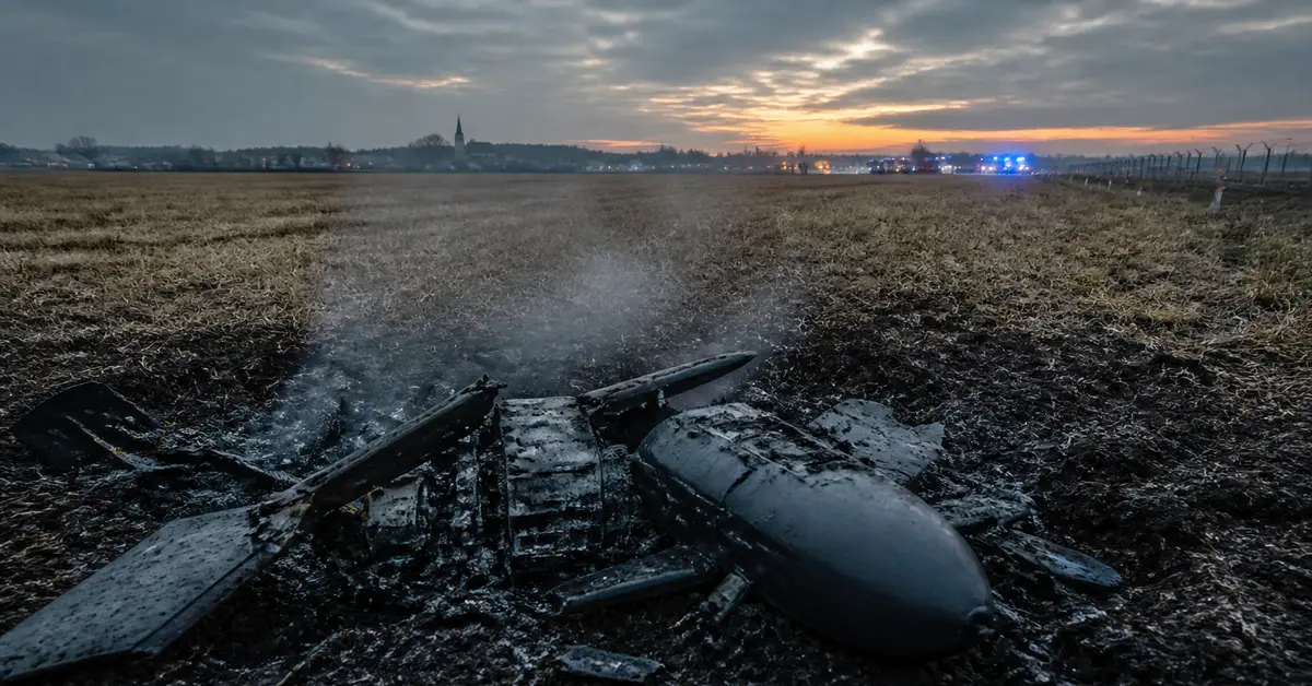 Снимка Copyright © 7kefa.com Овъглени останки от дрон в поле край село при залез с дим и светлини на аварийни служби в далечината.