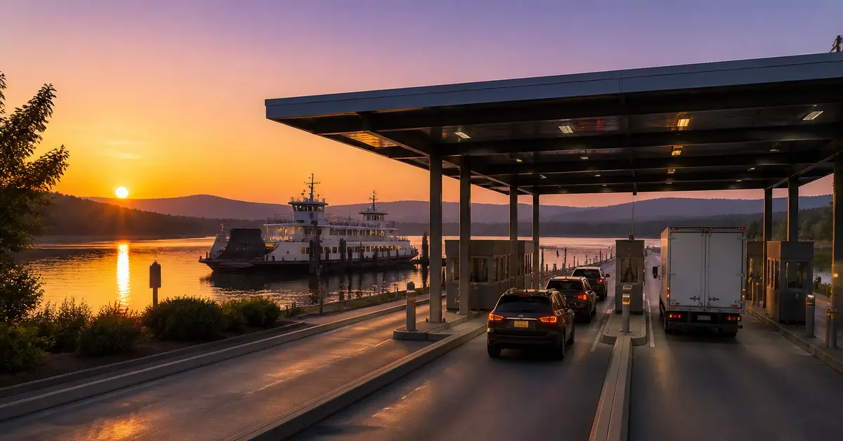 Снимка Copyright © 7kefa.com Ферибот на пристан по залез слънце с чакащи автомобили и камион на терминала.