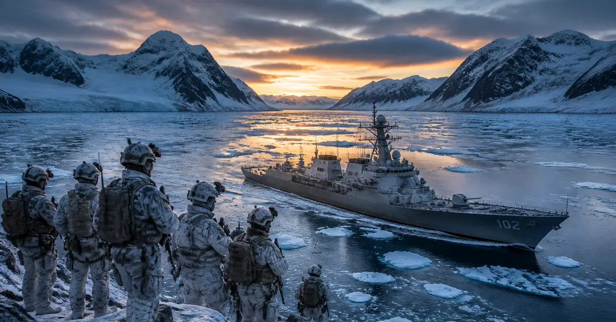 Снимка Copyright © 7kefa.com Войници в зимен камуфлаж наблюдават военен кораб в ледени води сред заснежени планини.
