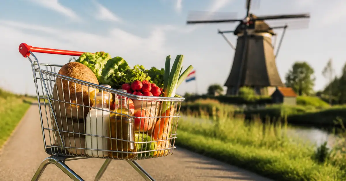 Снимка Copyright © 7kefa.com Пазарска количка с пресни продукти на фона на вятърна мелница в Нидерландия.