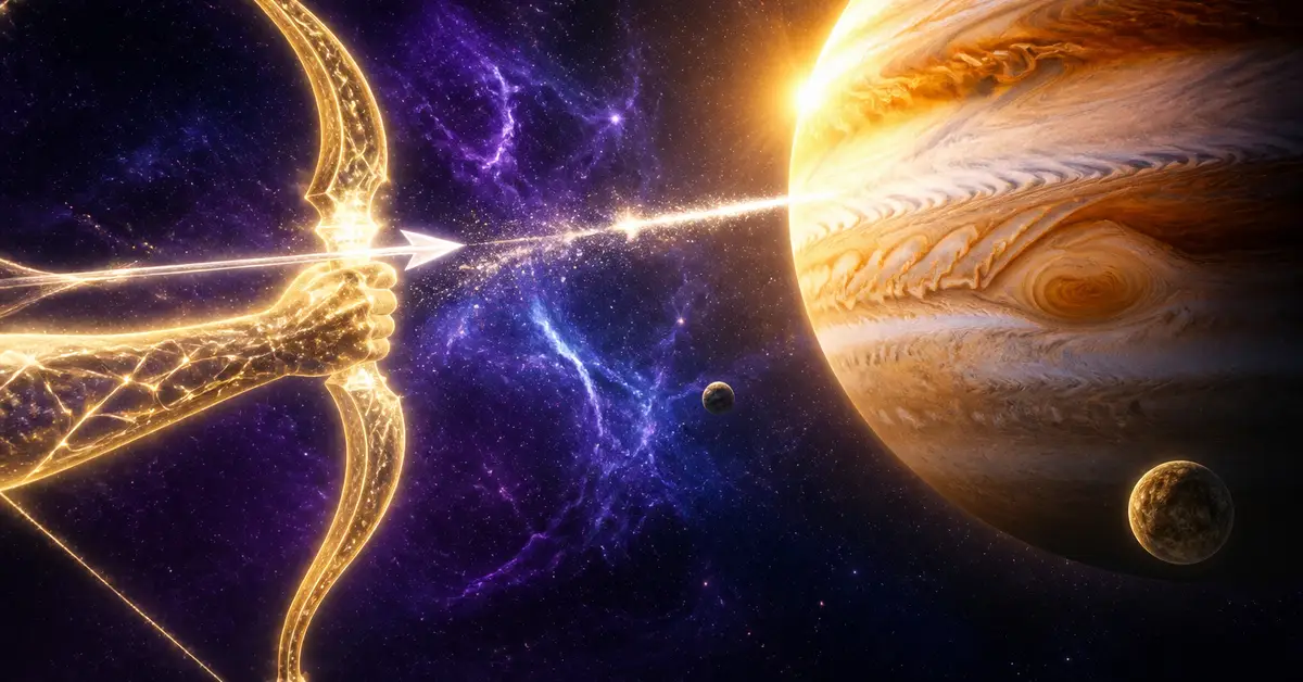 Снимка Copyright © 7kefa.com Златен лък на зодия Стрелец, насочен към планетата Юпитер на фона на лилава космическа мъглявина.