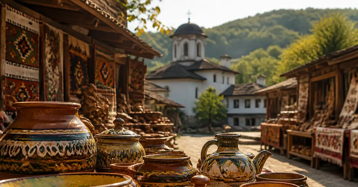 Снимка Copyright © 7kefa.com Традиционна българска керамика и възрожденски къщи с църква в етнографски комплекс
