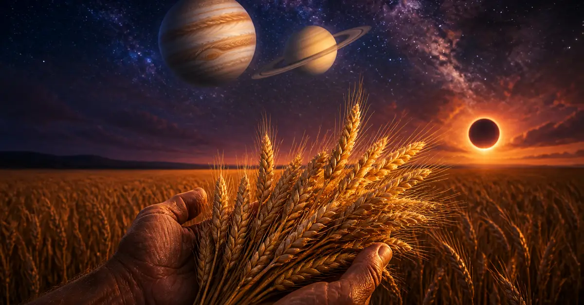 Снимка Copyright © 7kefa.com Ръце с житни класове под небе с Юпитер, Сатурн и слънчево затъмнение над златно поле.