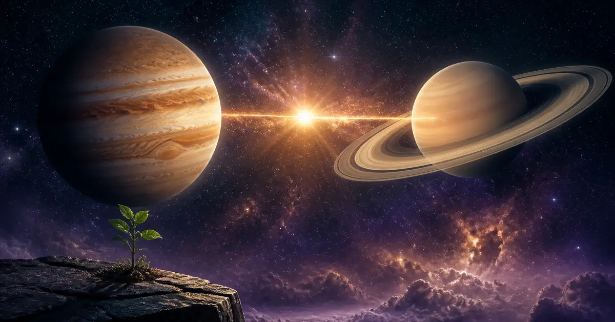 Снимка Copyright © 7kefa.com Юпитер и Сатурн в космоса с малко зелено растение, поникнало върху скала на преден план.