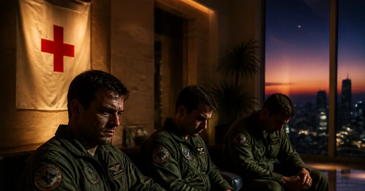 Снимка Copyright © 7kefa.com Трима военни пилоти в униформи пред знаме на Червения кръст и градски пейзаж при залез.
