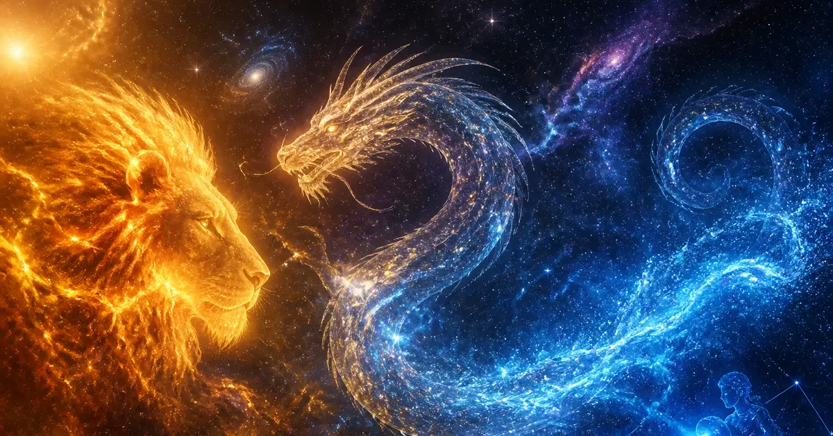 Снимка Copyright © 7kefa.com Фентъзи илюстрация на огнен лъв и син космически дракон сред звезди и галактики
