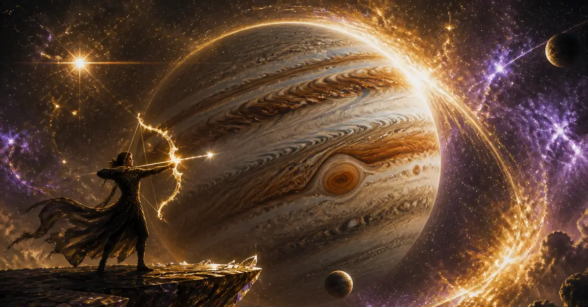 Снимка Copyright © 7kefa.com Фентъзи стрелец с магически лък пред планетата Юпитер в открития космос.