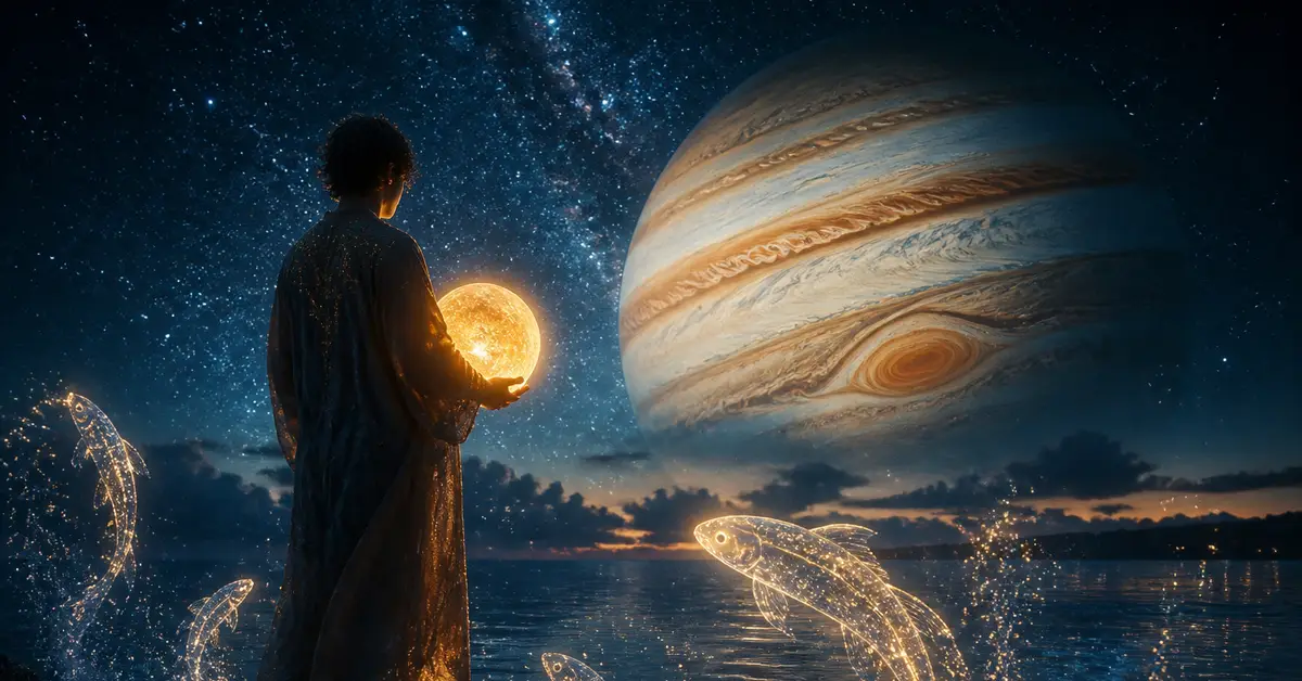 Снимка Copyright © 7kefa.com Сюрреалистичен пейзаж с планетата Юпитер, човек със светеща сфера и магически риби в морето.