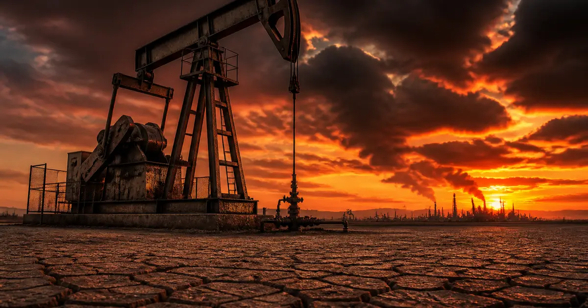 Снимка Copyright © 7kefa.com Нефтена помпа върху напукана земя при залез с индустриална рафинерия и дим в далечината.