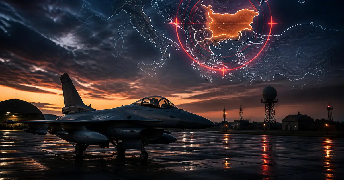 Снимка Copyright © 7kefa.com Военен изтребител на писта при залез и светеща карта на България в небето
