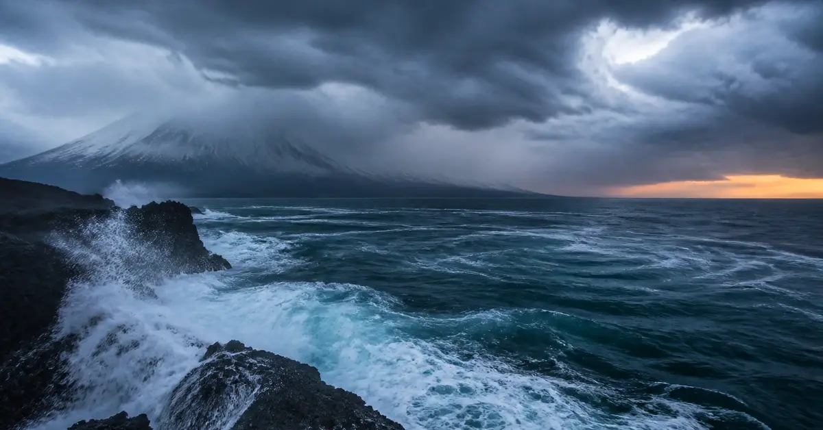 Снимка Copyright © 7kefa.com Бурно море с разбиващи се вълни в скали и заснежена планина под тъмни облаци.