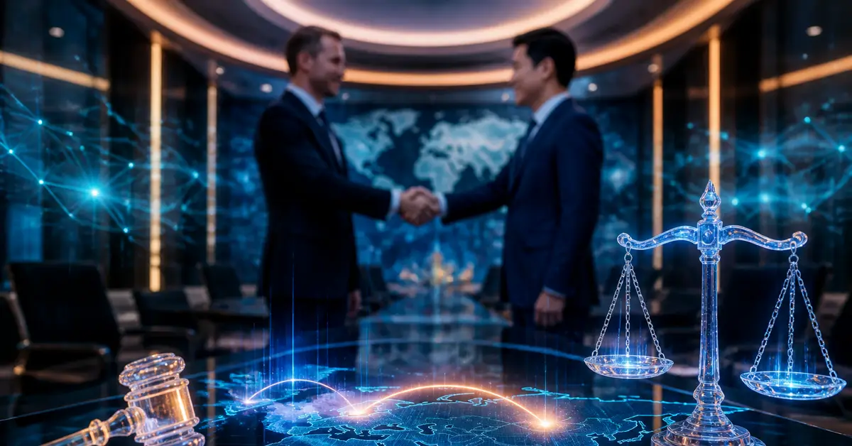 Снимка Copyright © 7kefa.com Бизнесмени се ръкуват пред дигитални везни на правосъдието и световна карта за международно право.