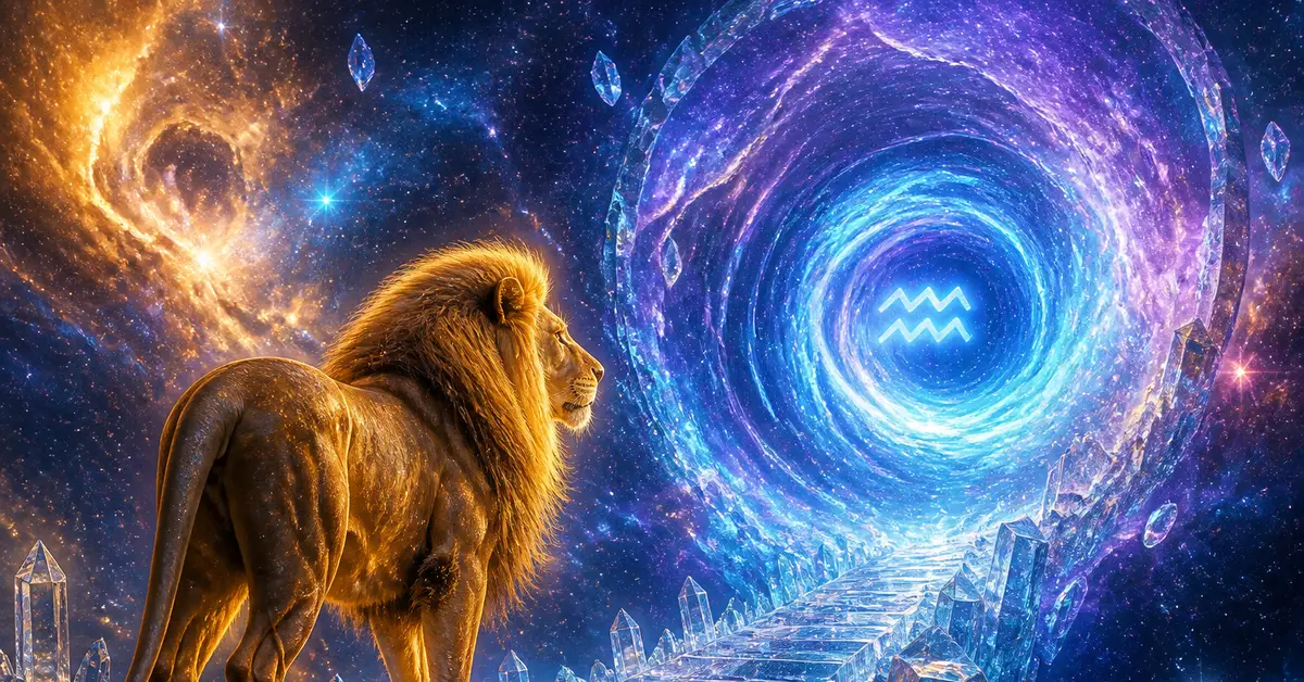 Снимка Copyright © 7kefa.com Величествен лъв пред космически портал със символа на зодия Водолей сред звезди и кристали