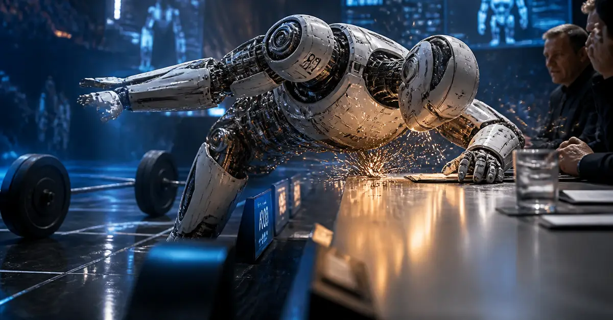Снимка Copyright © 7kefa.com Футуристичен бял робот се навежда над маса с искри в научнофантастична обстановка.