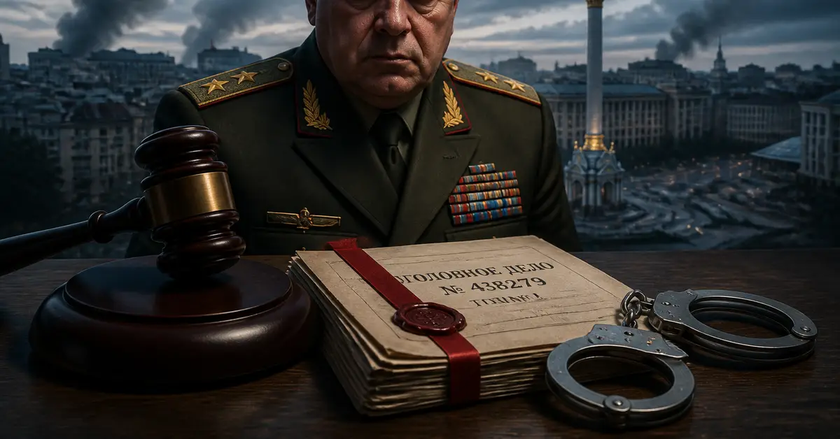 Снимка Copyright © 7kefa.com Военен офицер, съдийско чукче и белезници пред папка с наказателно дело на фона на разрушен град.