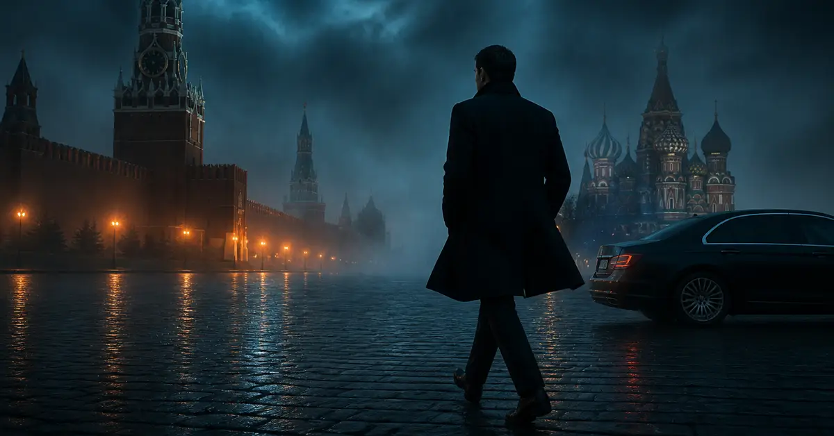 Снимка Copyright © 7kefa.com Мъж в тъмно палто на Червения площад в Москва през нощта пред Кремъл и катедралата Свети Василий Блажени.