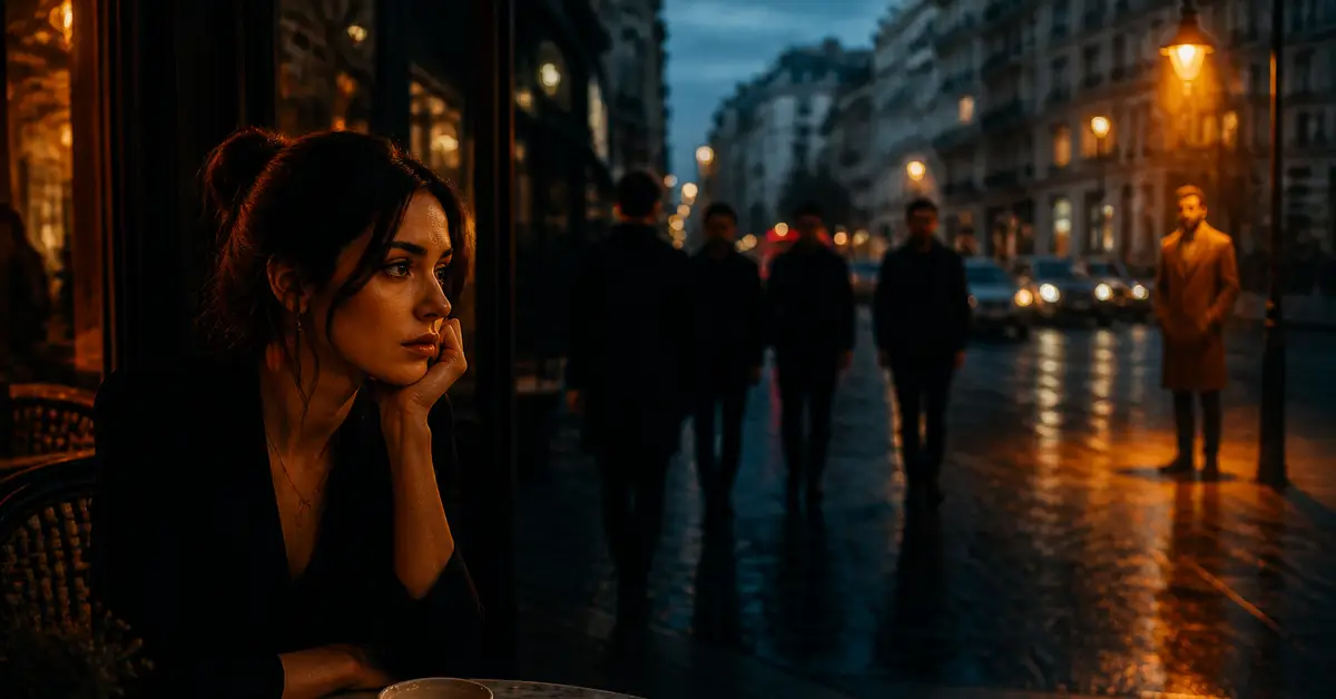 Снимка Copyright © 7kefa.com Жена в кафене гледа към нощна дъждовна улица с минувачи и градски светлини.