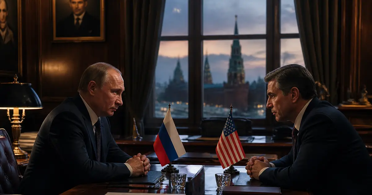 Снимка Copyright © 7kefa.com Владимир Путин и американски дипломат на среща със знамена на Русия и САЩ и изглед към Кремъл.