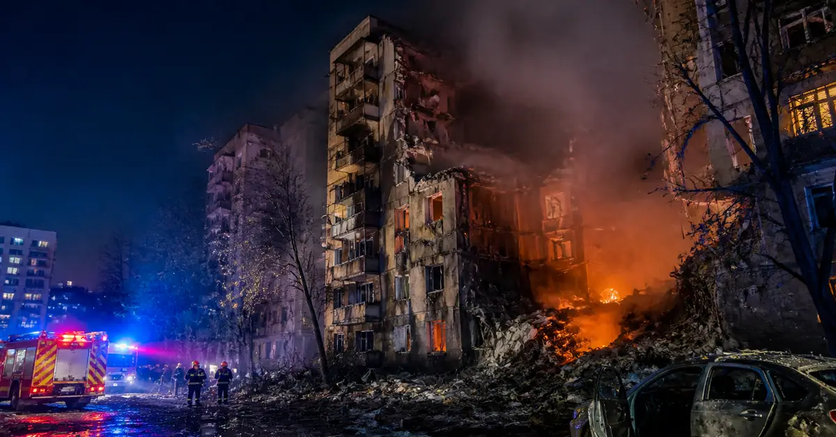 Снимка Copyright © 7kefa.com Разрушена жилищна сграда в пламъци през нощта с пожарникари и пожарна кола на място.