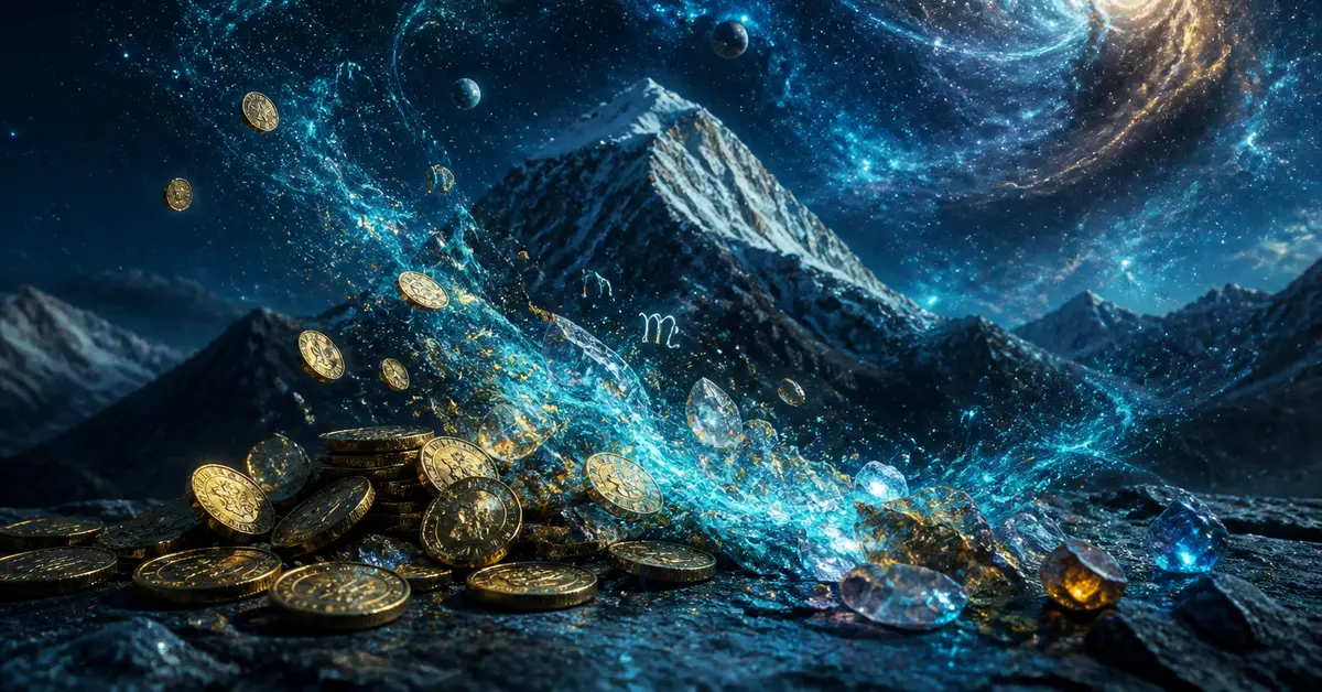 Снимка Copyright © 7kefa.com Златни монети и блестящи кристали в мистичен планински пейзаж под звездното небе.