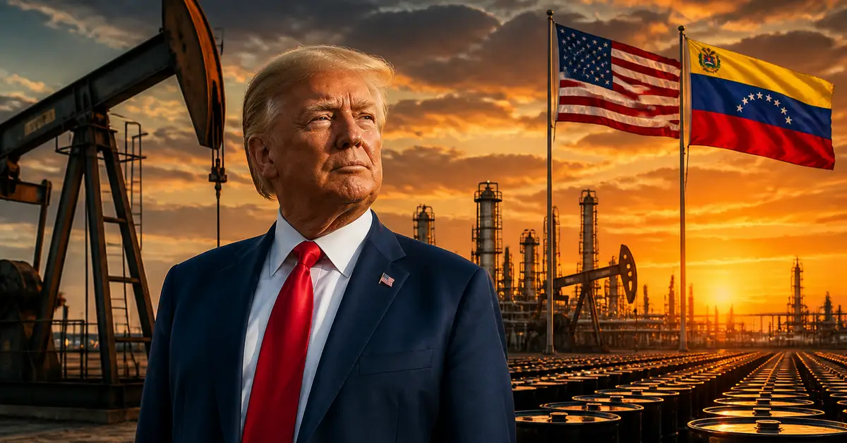 Снимка Copyright © 7kefa.com Доналд Тръмп пред нефтени кладенци и знамената на САЩ и Венецуела по залез.