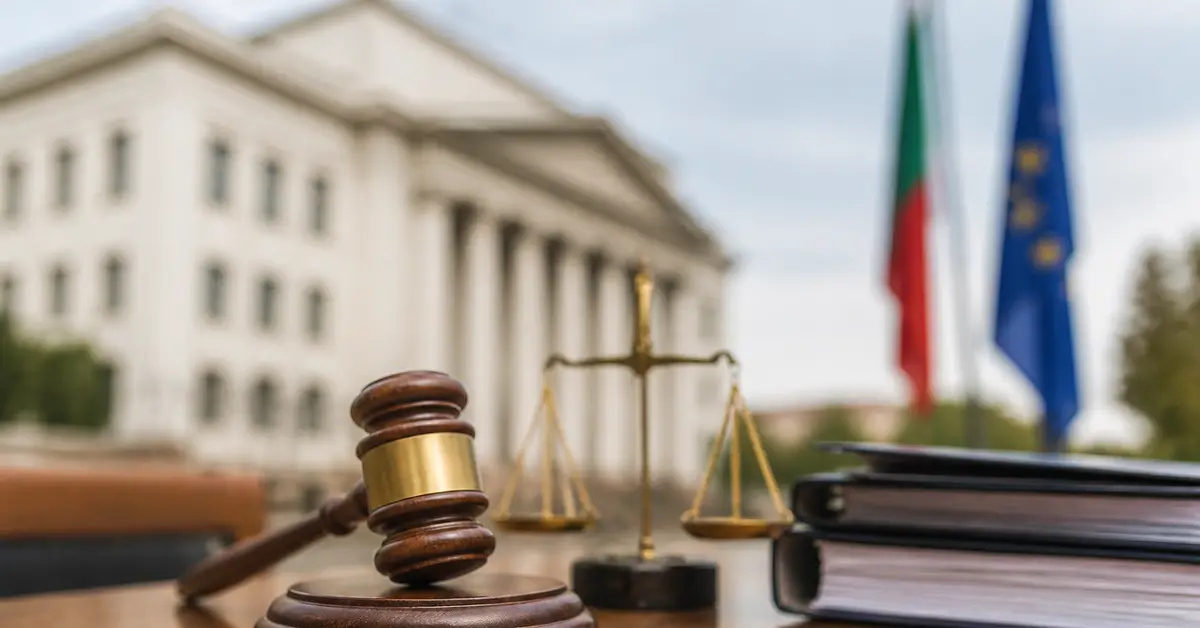 Снимка Copyright © 7kefa.com Адвокат в костюм седи зад бюро с везни на правосъдието и таблет в професионална обстановка.