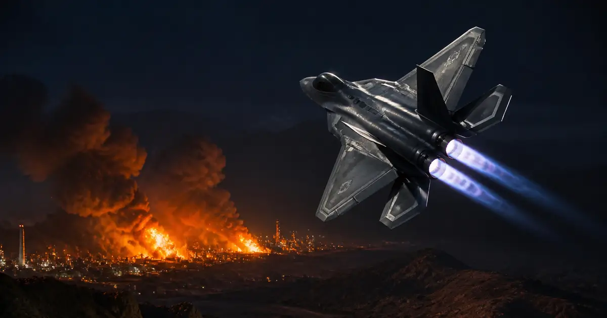 Снимка Copyright © 7kefa.com Изтребител F-22 Raptor лети през нощта над горяща индустриална зона със сини пламъци от двигателите.