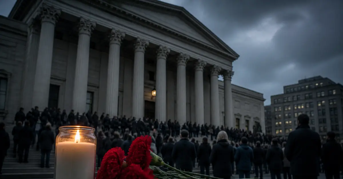 Снимка Copyright © 7kefa.com Запалена свещ и червени карамфили пред множество хора, събрали се на бдение пред сграда с колони.