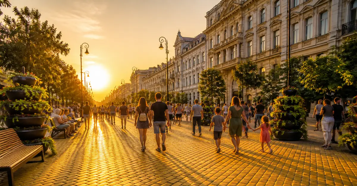 Снимка Copyright © 7kefa.com Залез над булевард Витоша в София с разхождащи се хора по емблематичните жълти павета.