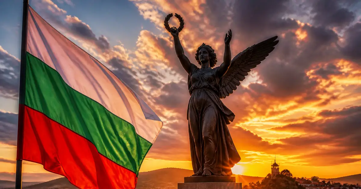 Снимка Copyright © 7kefa.com Българското знаме и статуя на победата на фона на живописен залез.