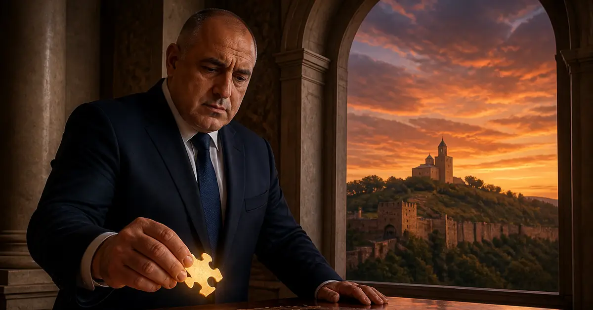 Снимка Copyright © 7kefa.com Бойко Борисов държи златно парче от пъзел на фона на крепостта Царевец във Велико Търново по залез.