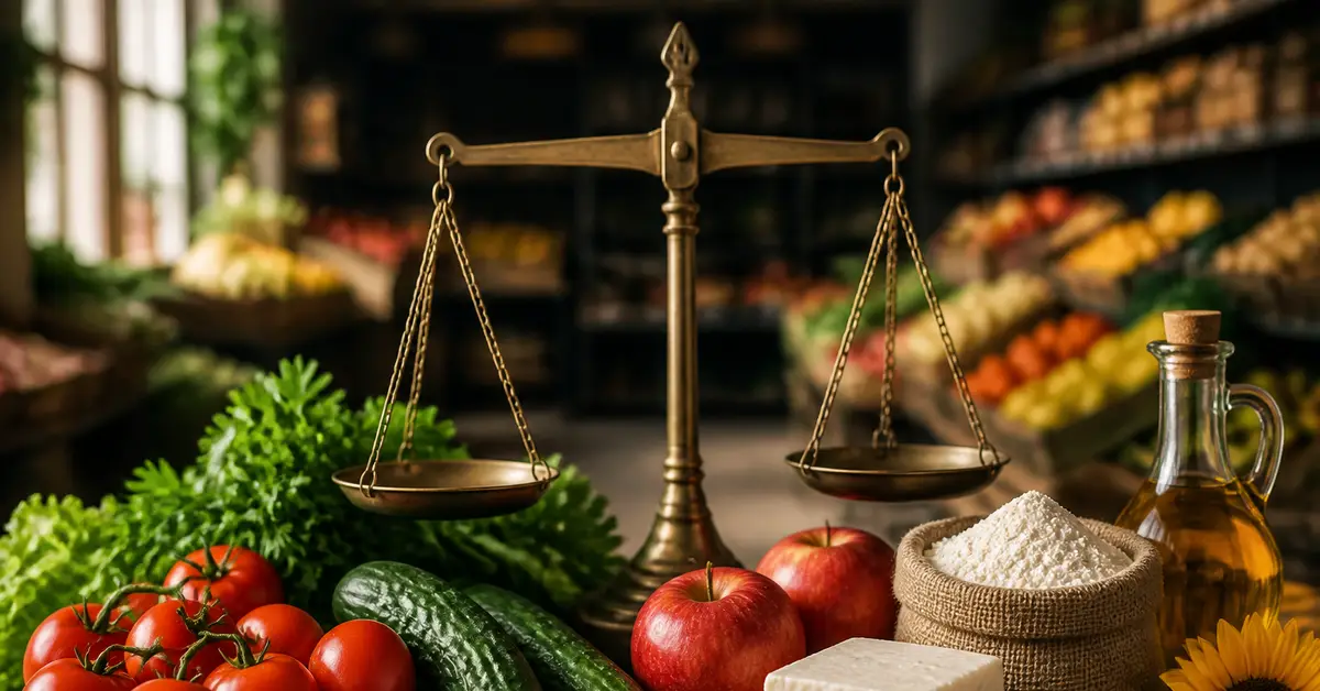 Снимка Copyright © 7kefa.com Старинна везна сред пресни зеленчуци, плодове и натурални продукти в магазин за храни.