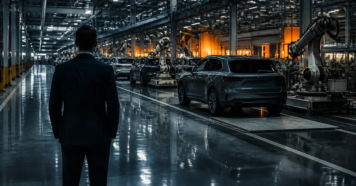 Снимка Copyright © 7kefa.com Бизнесмен наблюдава модерна поточна линия за автомобили с индустриални роботи.