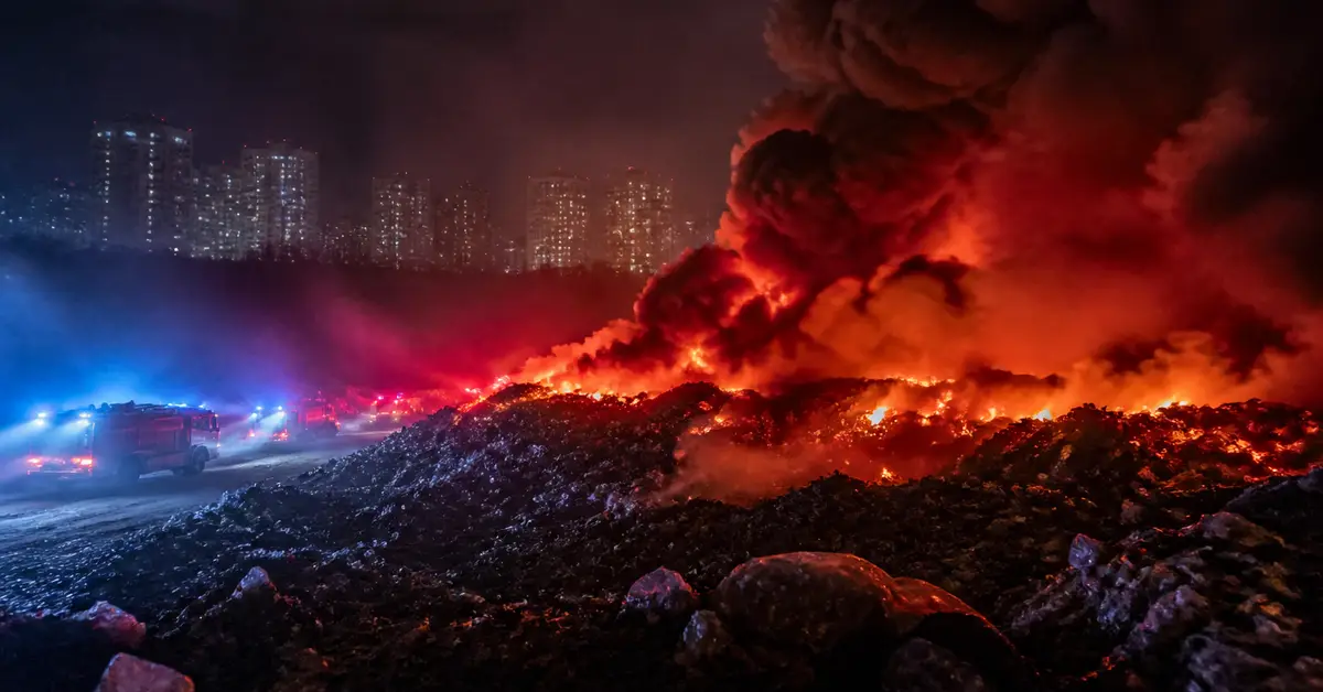 Снимка Copyright © 7kefa.com Пожарни коли гасят мащабен пожар през нощта с гъст дим и пламъци пред градски сгради.