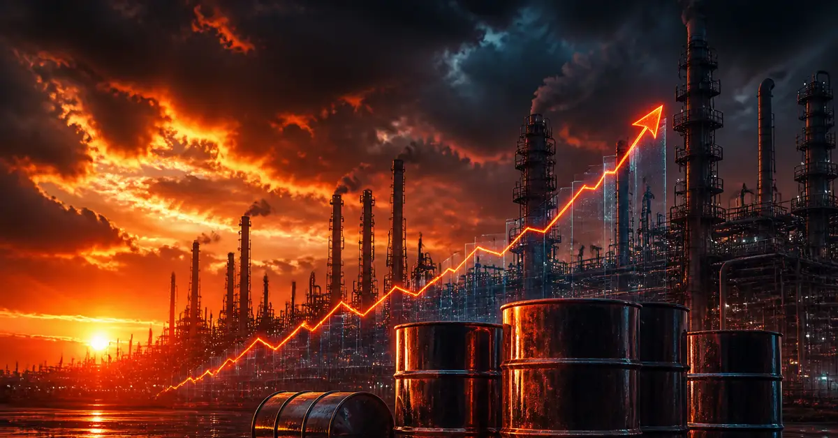Снимка Copyright © 7kefa.com Индустриален пейзаж с петролна рафинерия, варели и възходяща графика при залез.