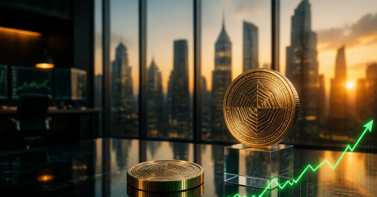 Снимка Copyright © 7kefa.com Златни крипто монети и възходяща зелена графика на фона на градски силует при залез.