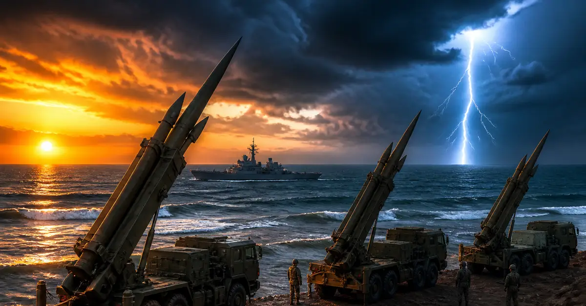 Снимка Copyright © 7kefa.com Ракетни установки на морския бряг при залез и гръмотевична буря с военен кораб.