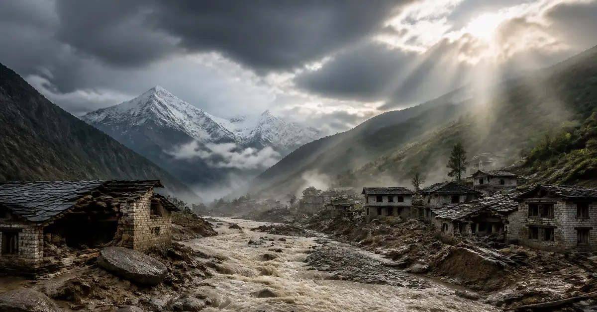 Снимка Copyright © 7kefa.com Планинско село след наводнение с придошла река, разрушени каменни къщи и заснежени върхове.