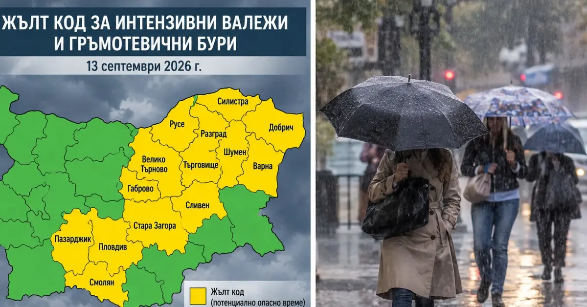 Рязък обрат на времето: Жълт код за бури и порои в 14 области днес Жълт код за интензивни валежи и бури в България и хора с чадъри в дъждовно време.