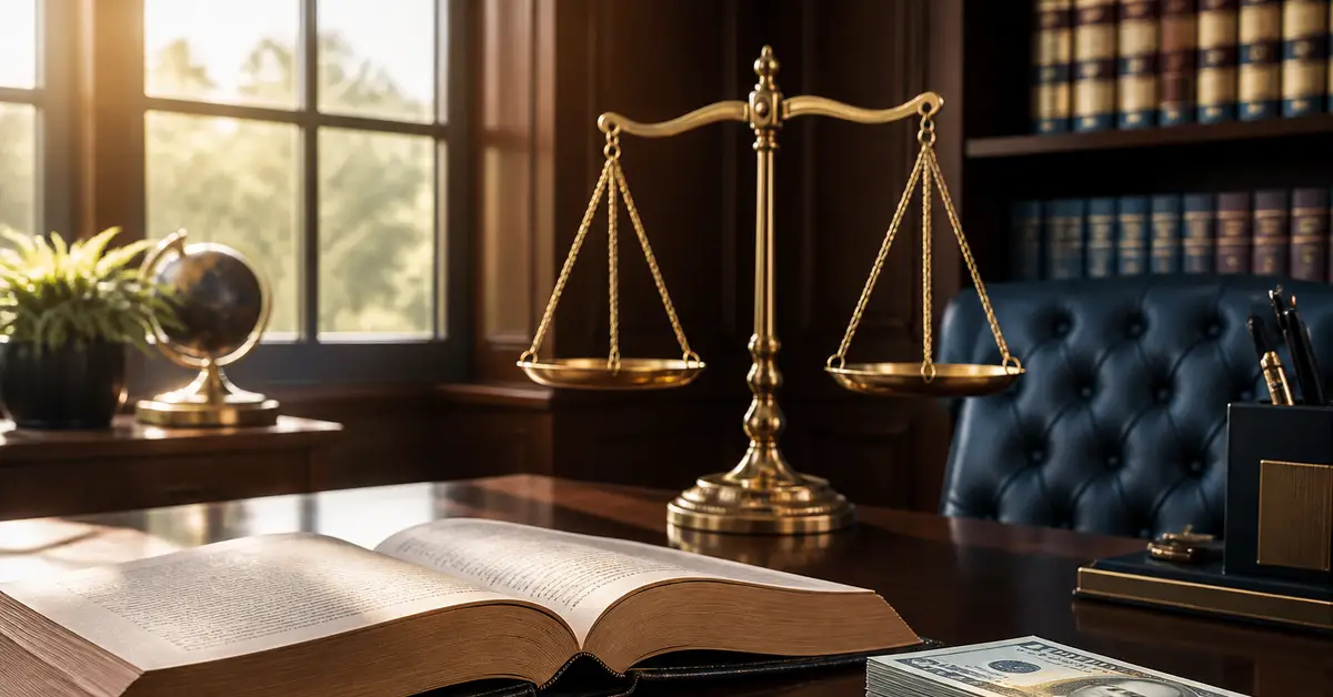 Снимка Copyright © 7kefa.com Везни на правосъдието, отворена правна книга и пачки пари на бюро в адвокатска кантора.