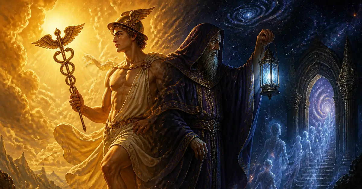 Снимка Copyright © 7kefa.com Хермес с кадуцей и мъдрец с фенер пред космически портал, изобразяващи дуалността между светлината и мрака.