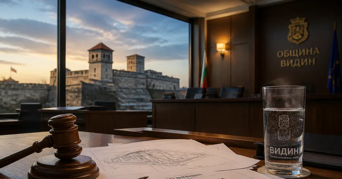 Снимка Copyright © 7kefa.com Съдийско чукче и документи в Община Видин с панорамен изглед към крепостта Баба Вида при залез.