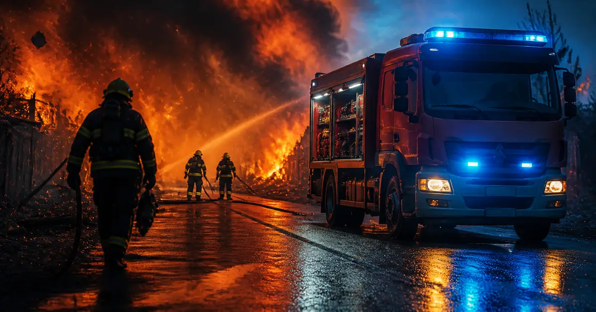 Снимка Copyright © 7kefa.com Пожарникари гасят голям пожар през нощта до пожарен камион с включени светлини.