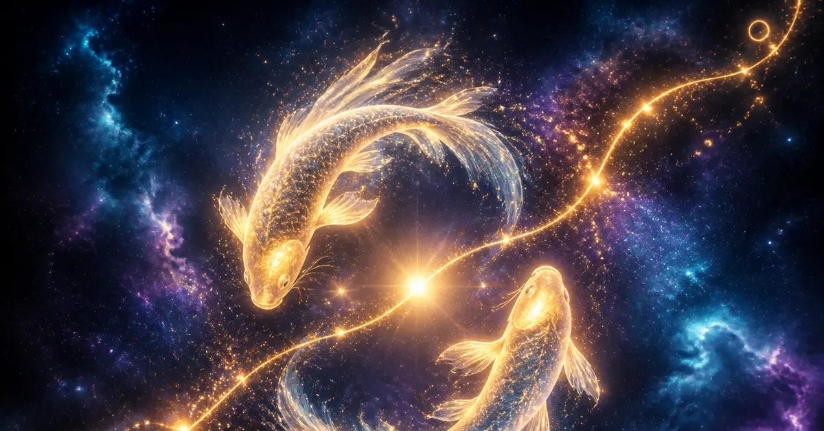 Снимка Copyright © 7kefa.com Две светещи златни риби плуват в космическо пространство сред звезди и мъглявини в стил зодия Риби