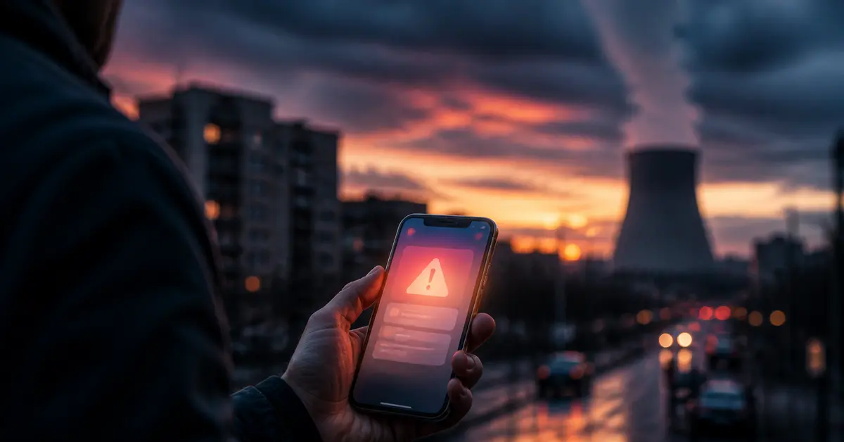 Снимка Copyright © 7kefa.com Човек държи смартфон с предупредителен сигнал на фона на индустриален пейзаж с охлаждаща кула по залез.