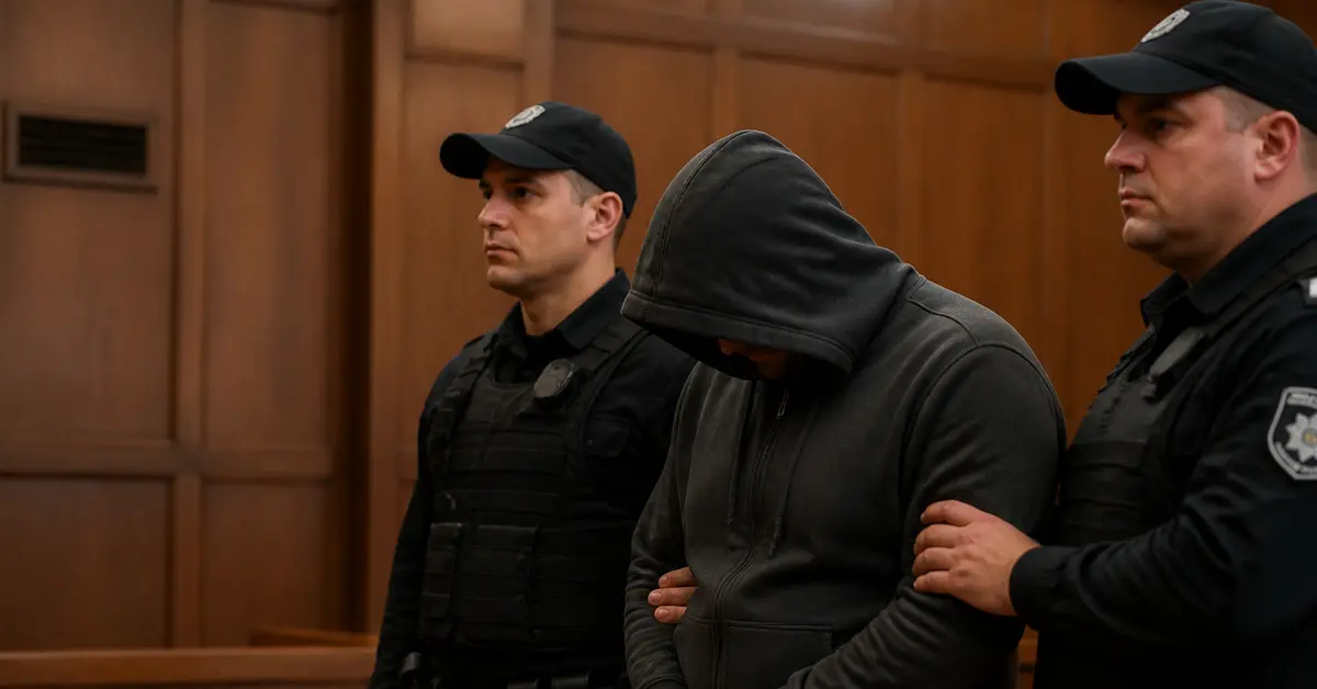 Снимка Copyright © 7kefa.com Мъж с тъмен пуловер седи зад метална решетка в съдебна зала, гледайки сериозно пред себе си.
